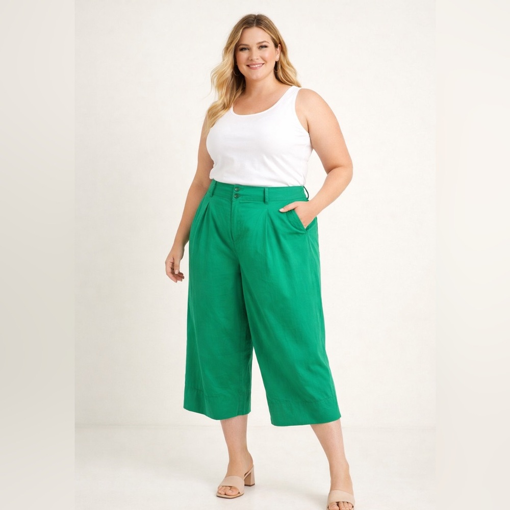 Anthropologie NEW Green Wide Leg Culotte Pants Size 18W Plus High Waist Cropped